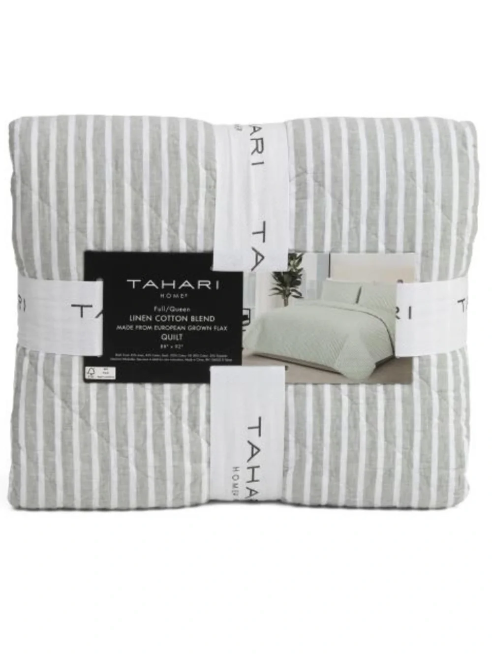 Tahari Home Striped Linen-Cotton Quilt in Sage and White